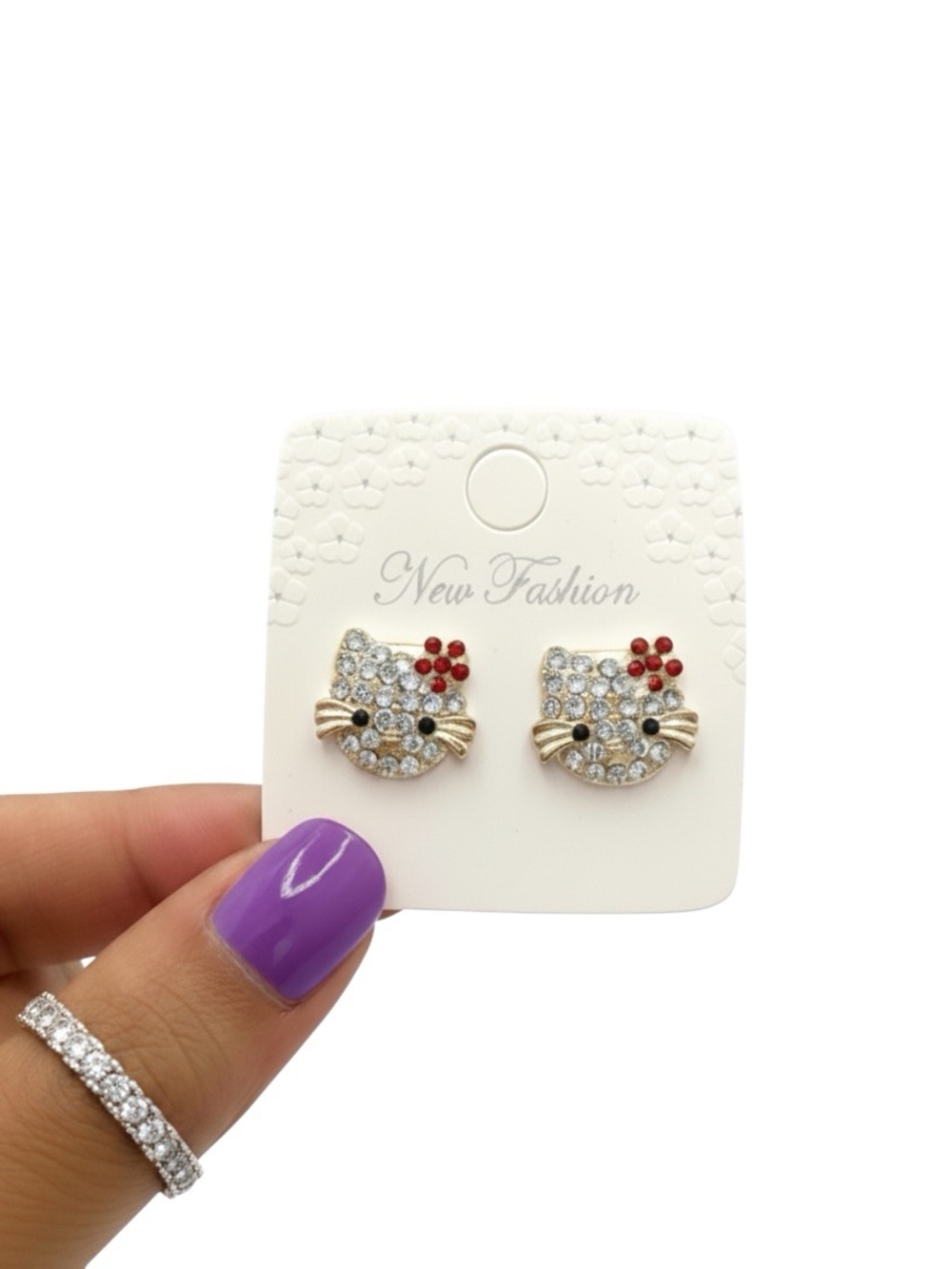 RHINESTONE GOLD TONE HELLO KITTY PIERCED STUD EARRINGS WITH RED FLOWER
